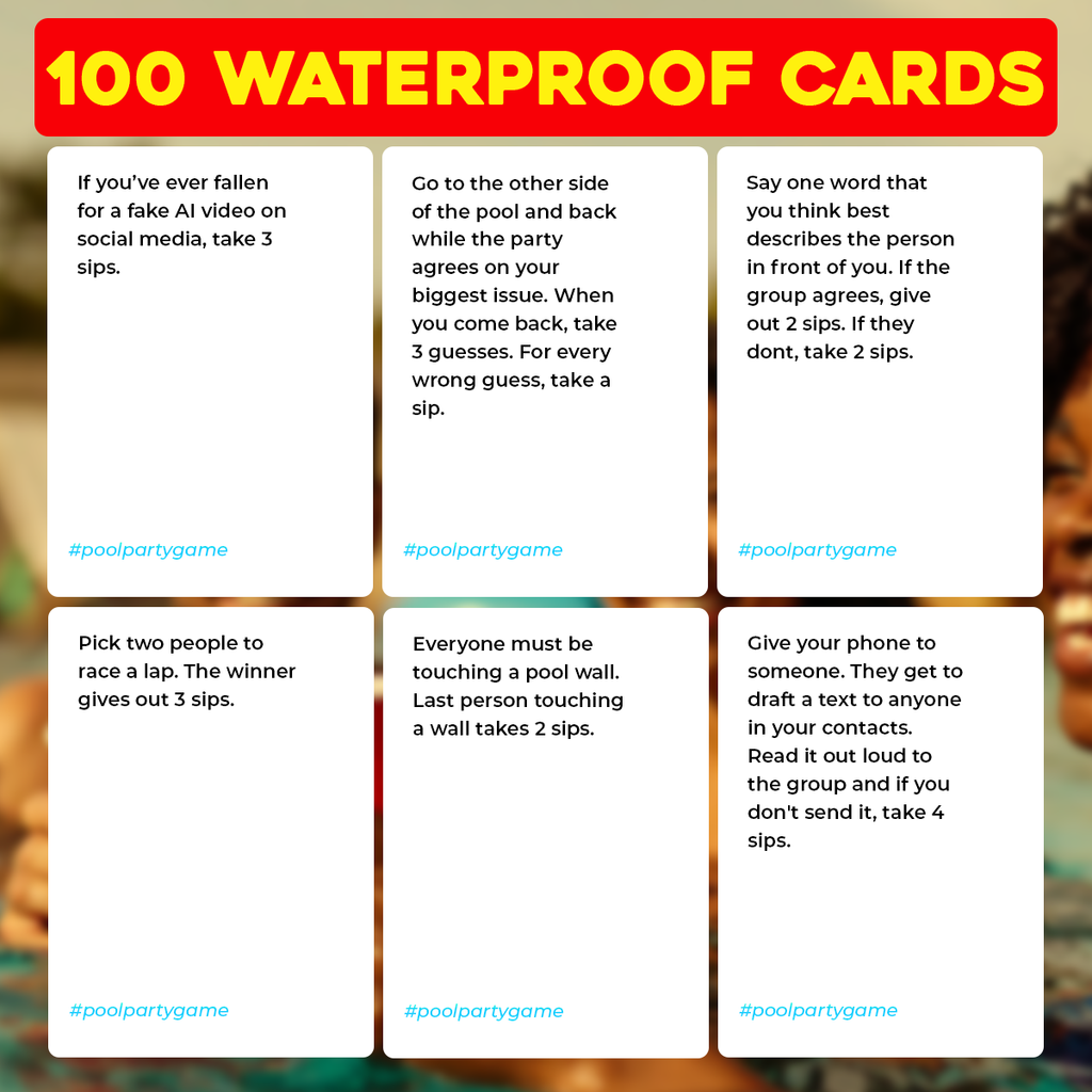 Set of waterproof cards with pool party game instructions on a colorful background.