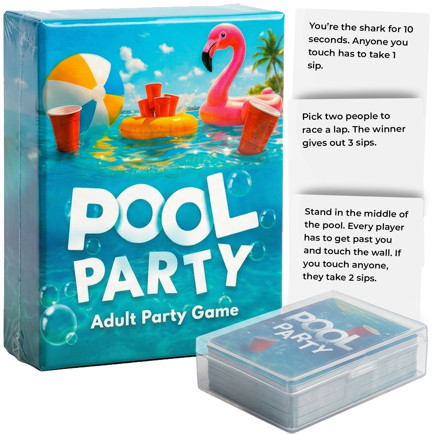 YardSlash Pool Party game box, with 3 game card prompts, and a plastic game box