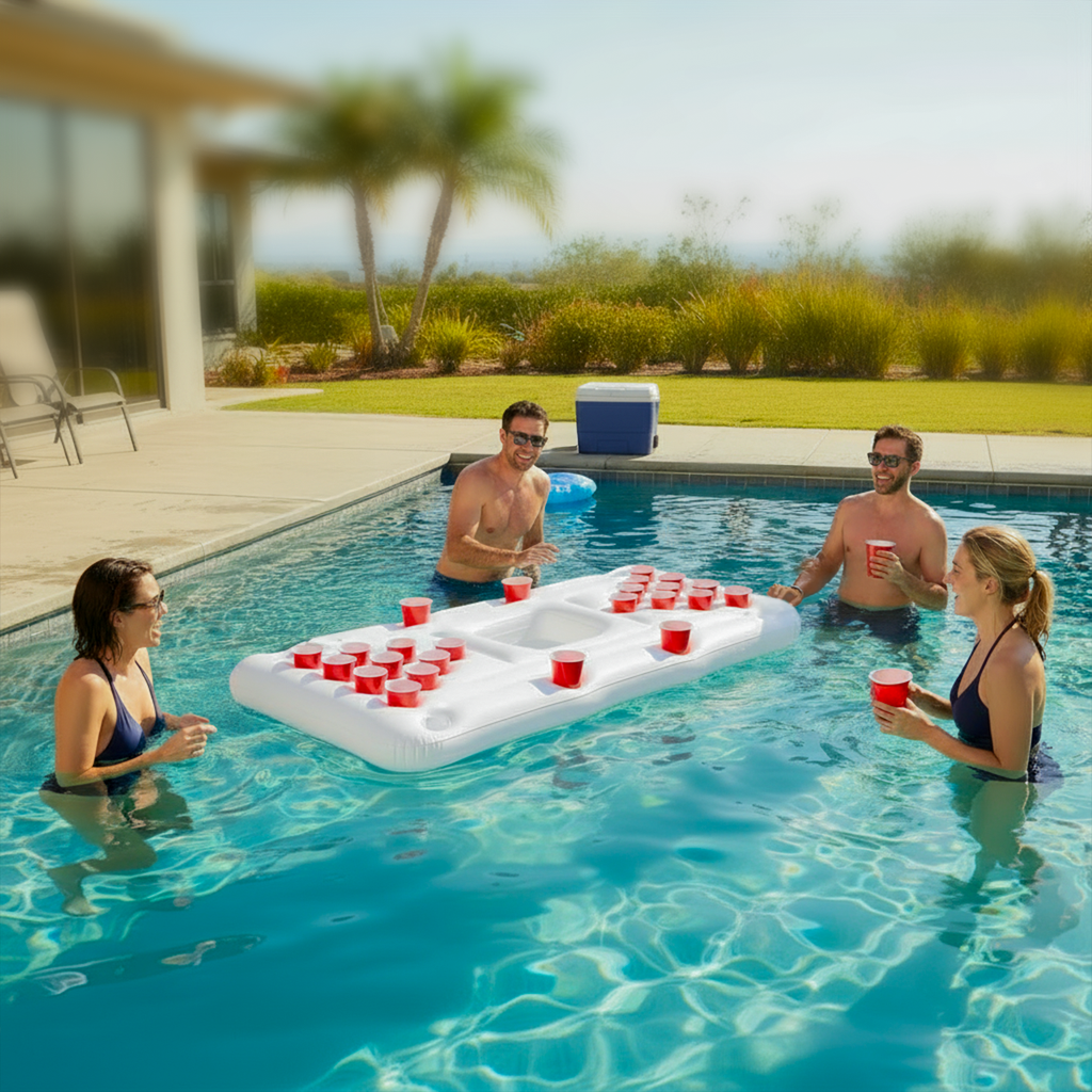 People playing with an inflatable cup pong float in a pool