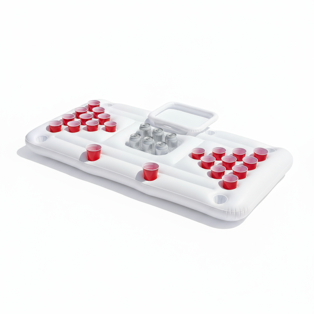 Inflatable cup pong pool table with red cups on a white background