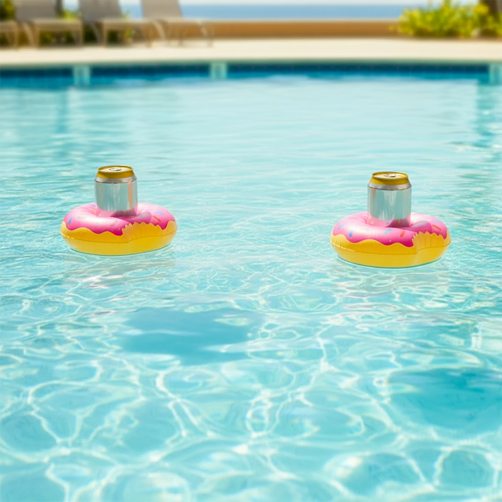 Two pink donut-shaped drink holders floating in a pool with a scenic background.