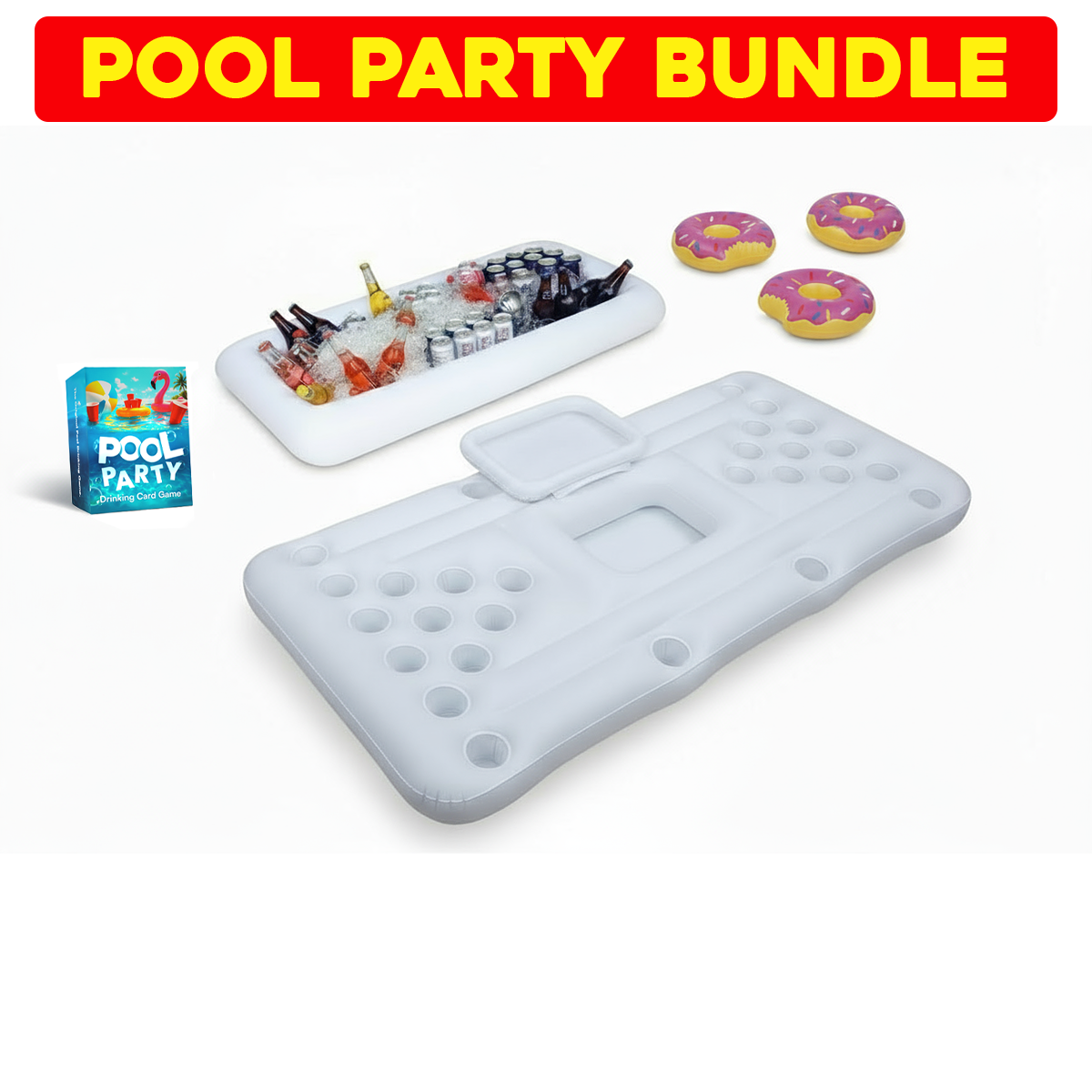 Pool party bundle with inflatable cup pong, inflatable serving tray, inflatable drink floaties, and Pool Party Drinking Card Game on a white background.